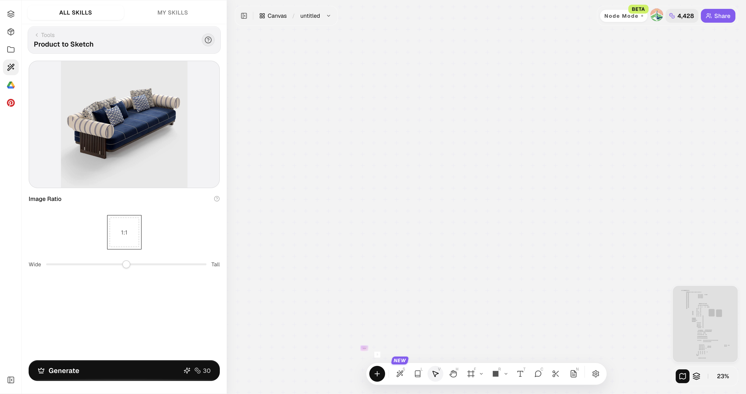 Lovspark Product to Sketch panel with uploaded images: original image, style reference, image ratio, and Generate button