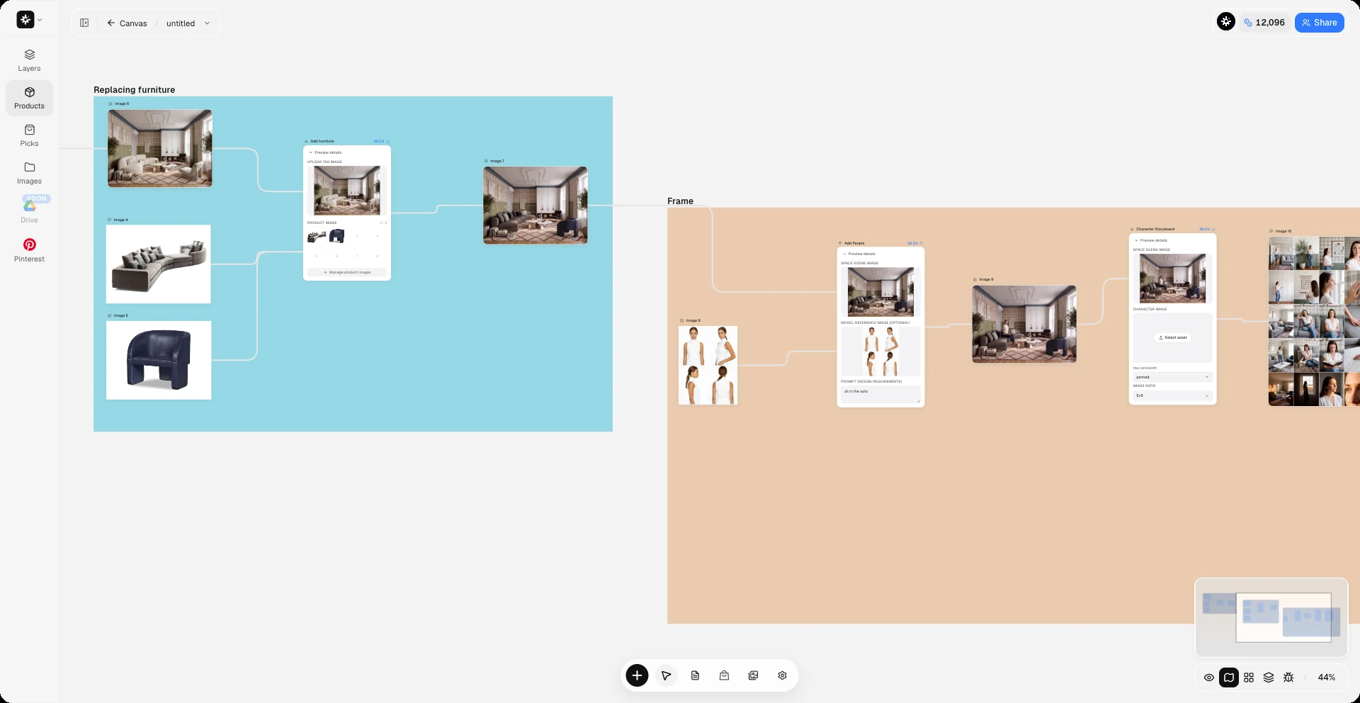 Lovspark Node Canvas interface with two frames: replacing furniture in a living room, then adding people and generating a character storyboard