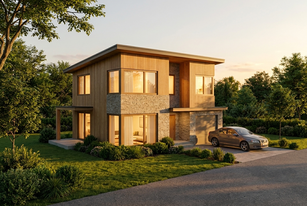 Render Suburban House — Sunset Oak & Stone Style