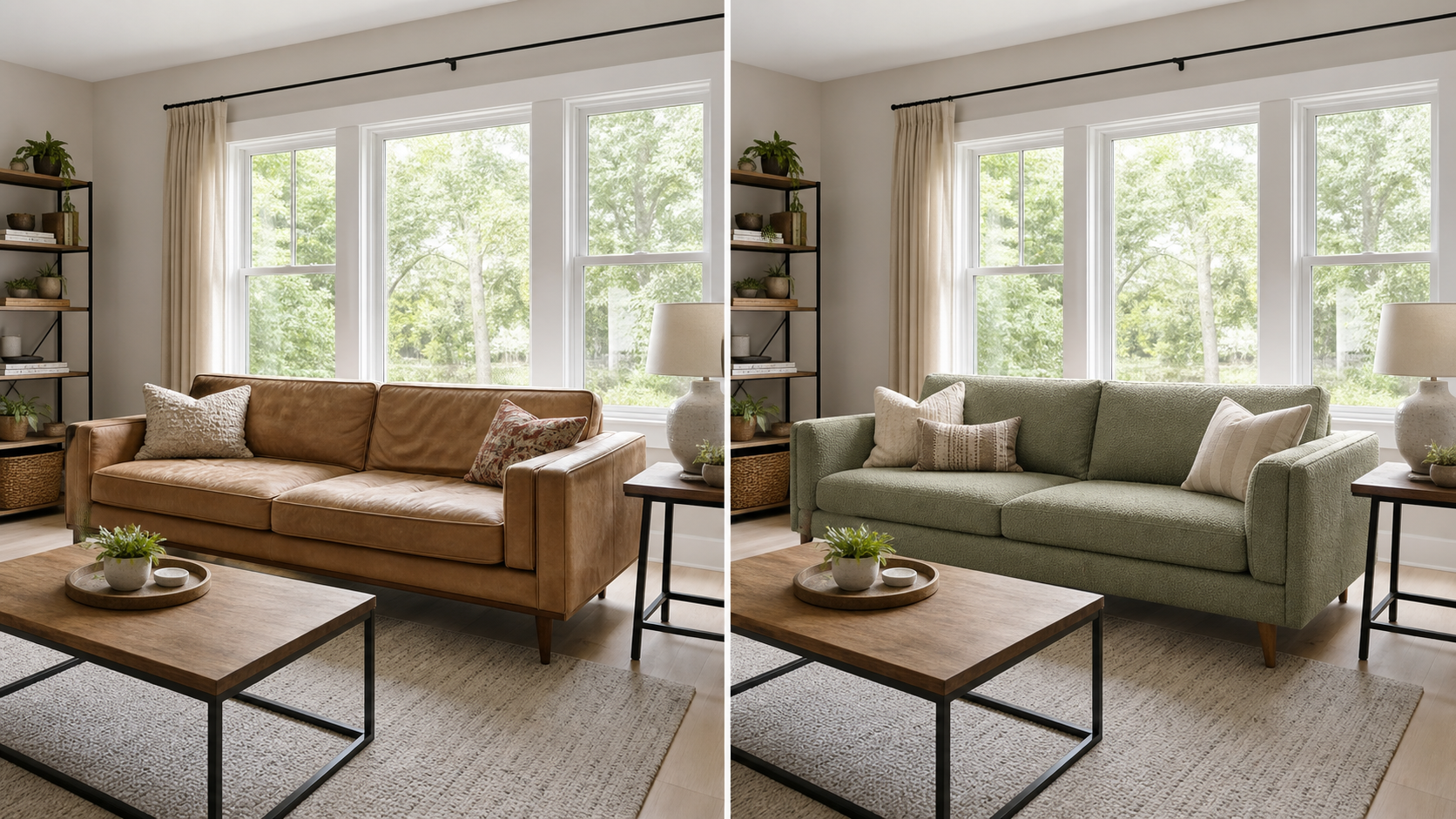 Sage boucle sofa upholstery before and after furniture facelift