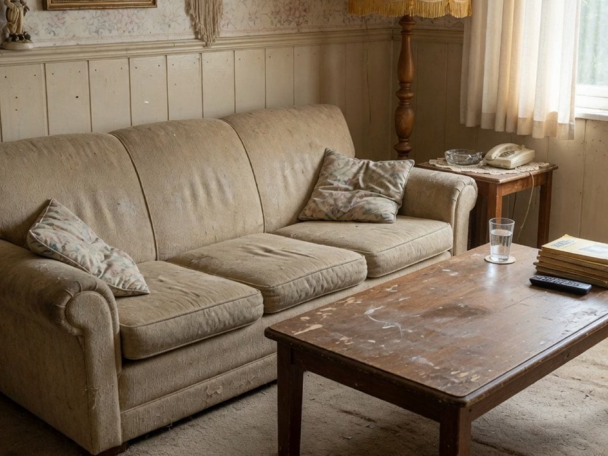 Living room furniture before table and fabric refresh