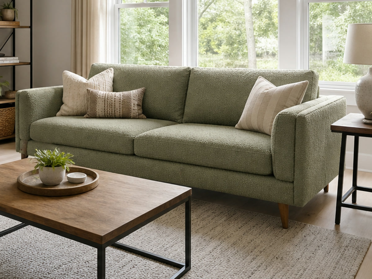 Living room sofa after sage boucle upholstery facelift