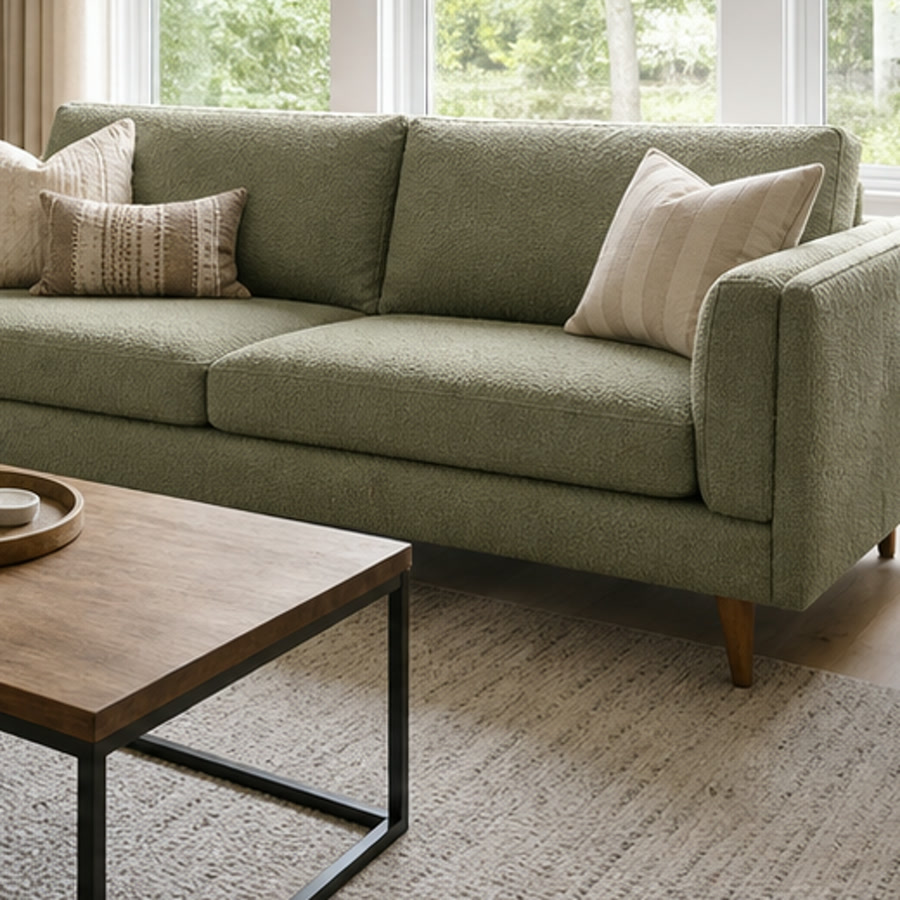 Sage boucle sofa upholstery after refresh