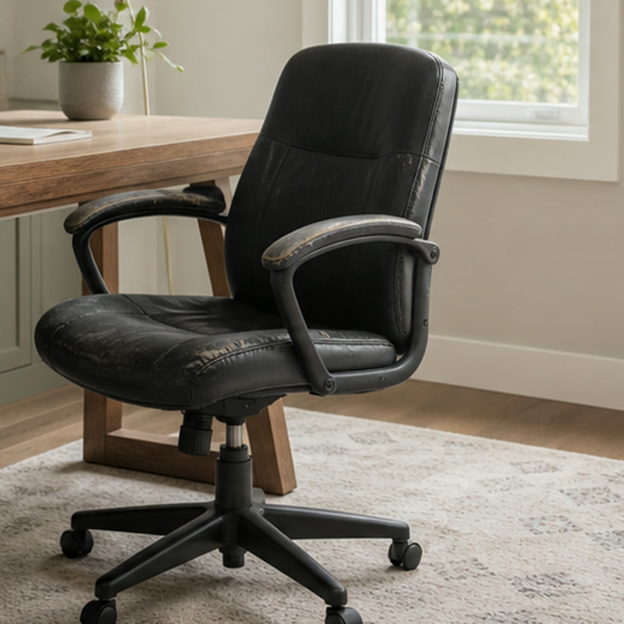 Scuffed office chair before leather refresh