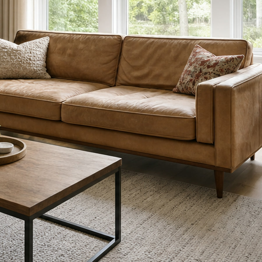 Worn leather sofa detail before refresh