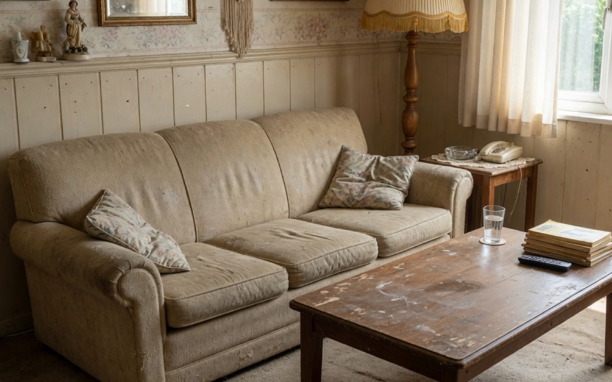 Uploaded room photo with dated furniture