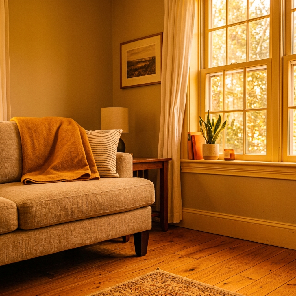 Warm color-cast room photo before AI white balance correction